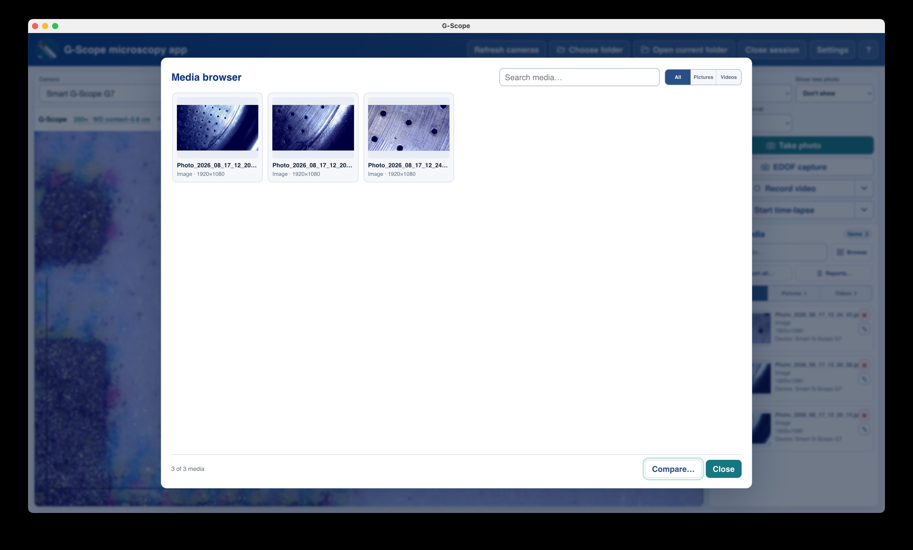 Session media browser with captures and videos